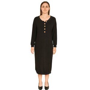 Merokeety Women's Long Sleeve Black Button V Neck Loose Knit Maxi Dress M